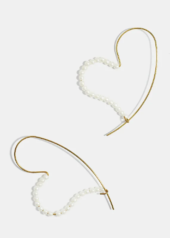 Ladies elegant drop earrings-Half Pearl Studded Heart Earrings