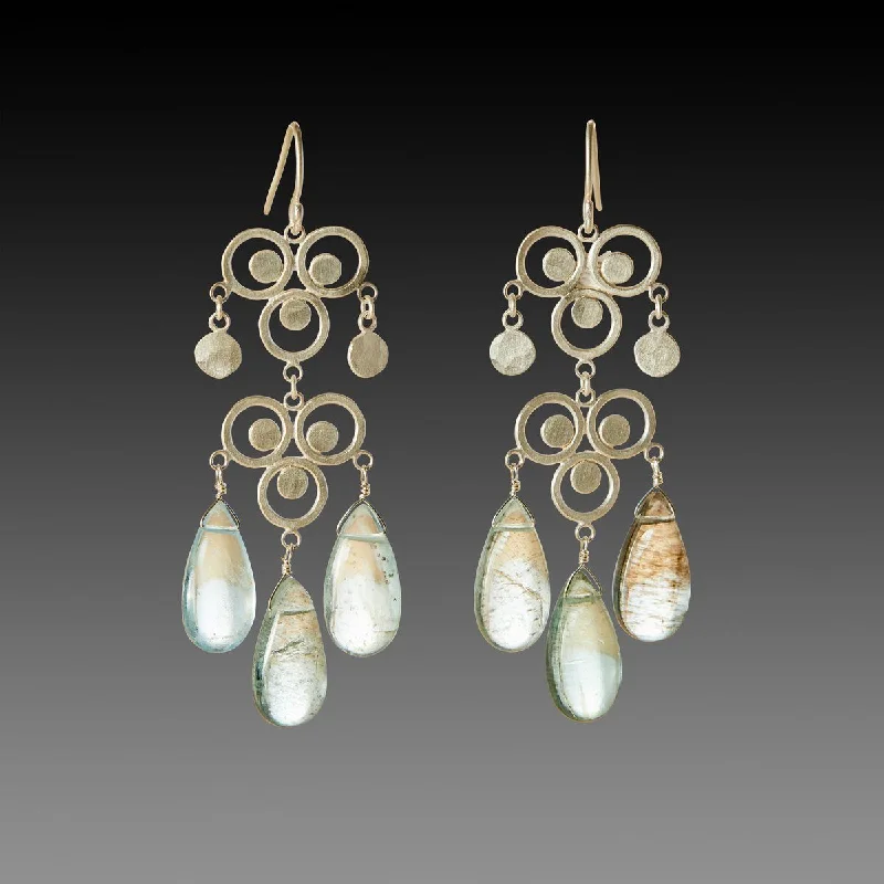 Ladies tropical earrings-Double Filigree Chandelier Earrings with Moss Aquamarine Drops