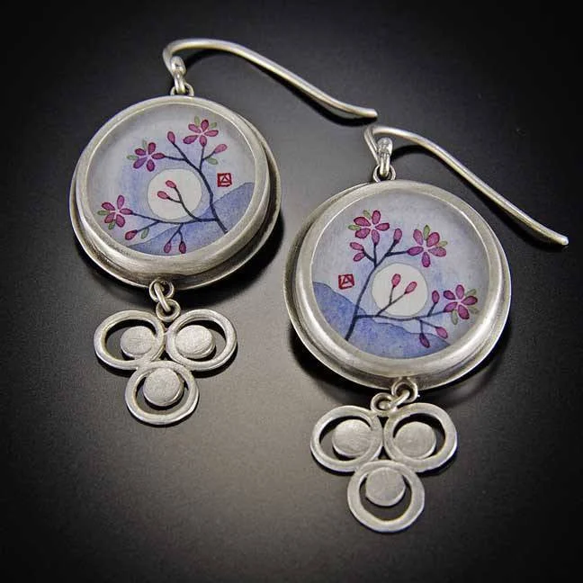 Ladies emerald earrings-Plum Blossom Earrings with Filigree Drops