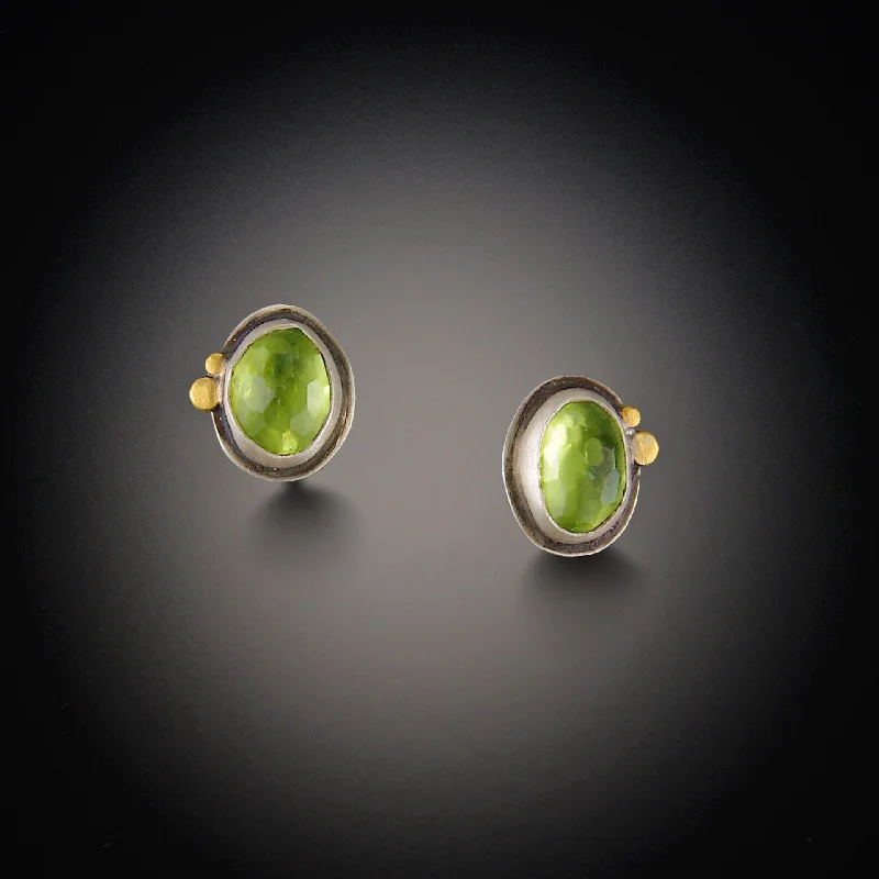 Ladies silver-plated earrings-Peridot Stud Earrings with Gold Dots