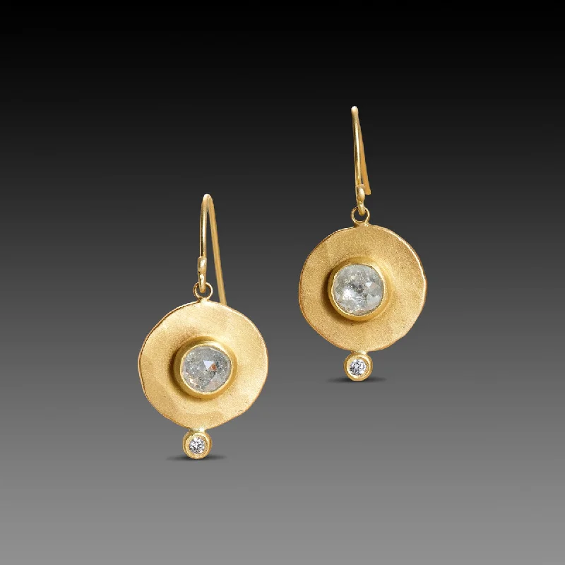 Ladies emerald earrings-Hammered Gold Disk Earrings with Gray Diamonds