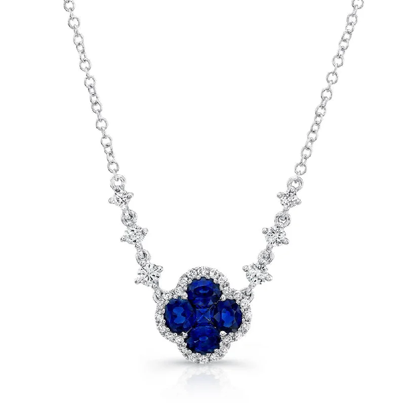 Ladies heart-shaped necklace-Uneek Precious Collection Floral Round Blue Sapphire Drop Necklace