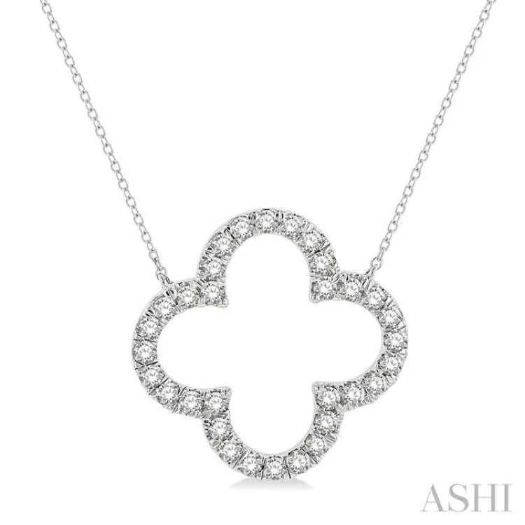 Ladies gold pendant necklace-1 Ctw Clover Round Cut Diamond Necklace in 14K White Gold