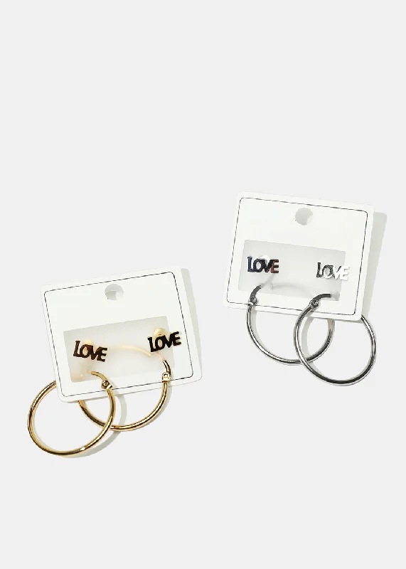 Ladies minimalist earrings-2-Pair Hoop & "LOVE" Stud Earrings