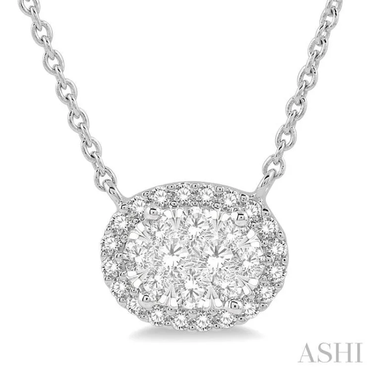 Ladies layered gold necklace-1 ctw Oval Shape Round Cut Diamond Lovebright Necklace in 14K White Gold