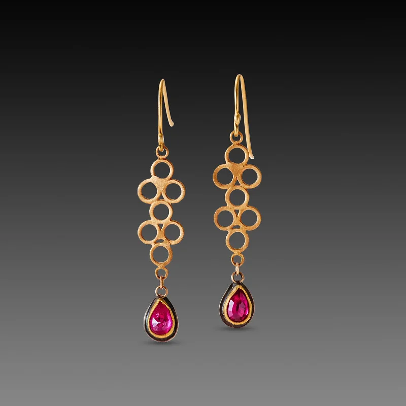 Ladies cuff earrings-Open Filigree Earrings with Ruby Drops