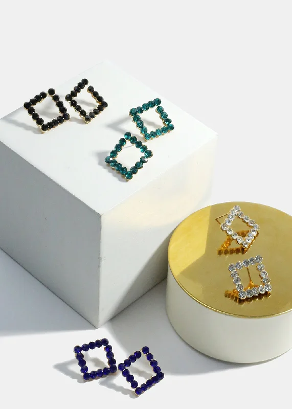 Ladies pearl drop earrings-Gemstone Studded Square Earrings