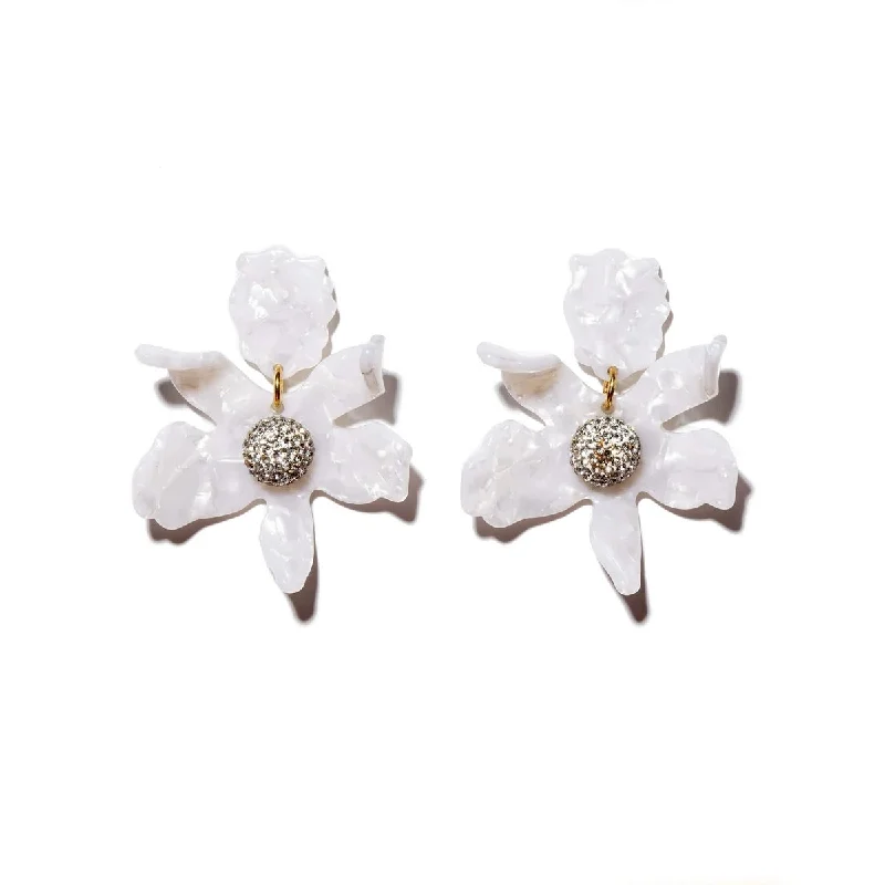 Ladies bold gold earrings-Small white crystal lily