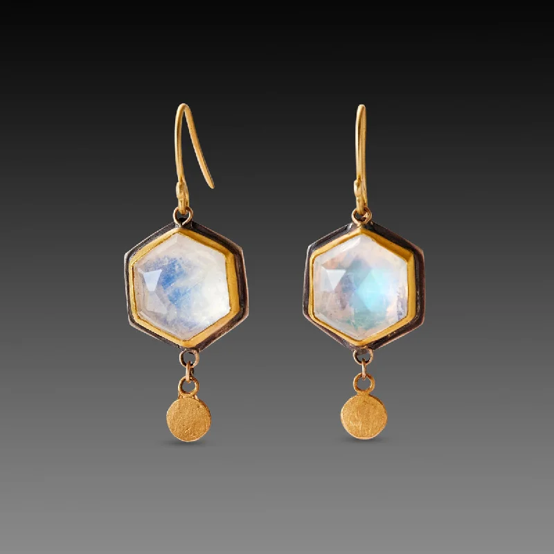 Ladies bridal stud earrings-Hexagon Moonstone Earrings with Gold Drops