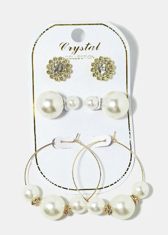 Ladies multi-layered earrings-3-Pair Pearl Stud & Hoop Earrings