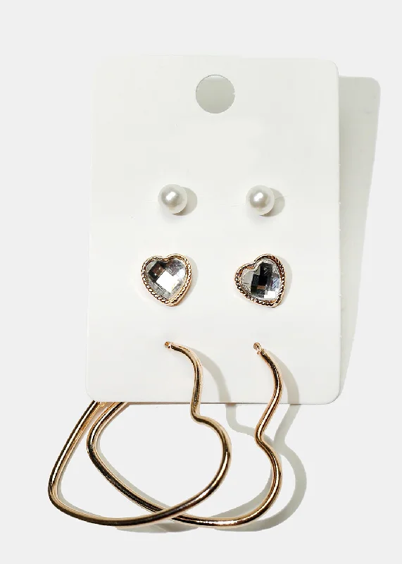 Ladies earrings for weddings-3-Pair Heart Earrings