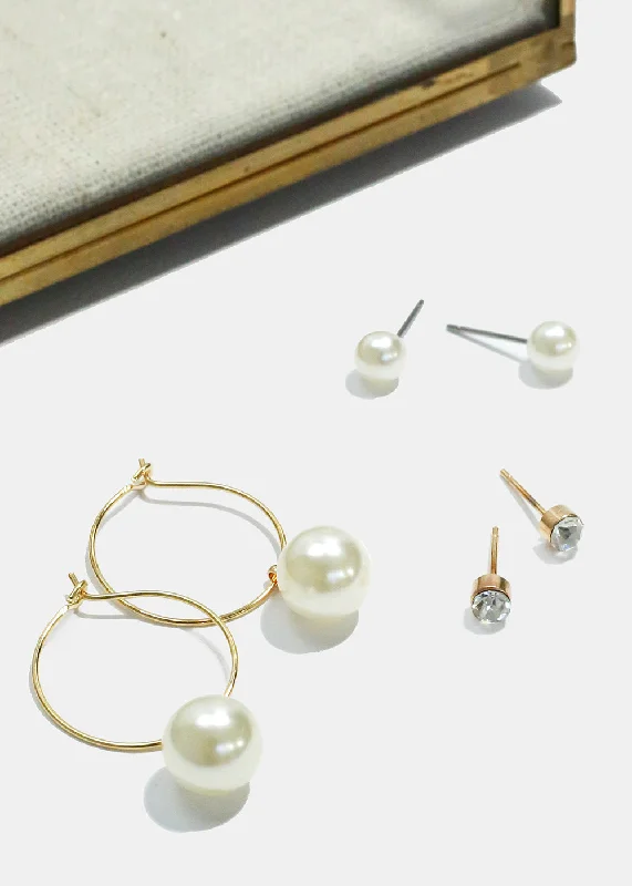 Ladies pearl drop earrings-3 Pair Stud and Pearl Hoop Earrings