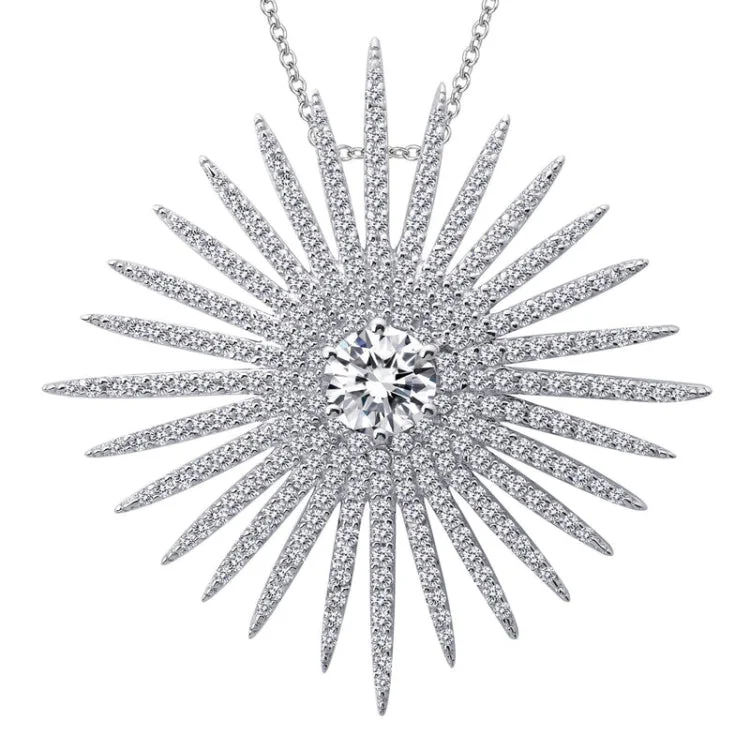 Ladies elegant silver necklace-Sunburst Pendant Necklace