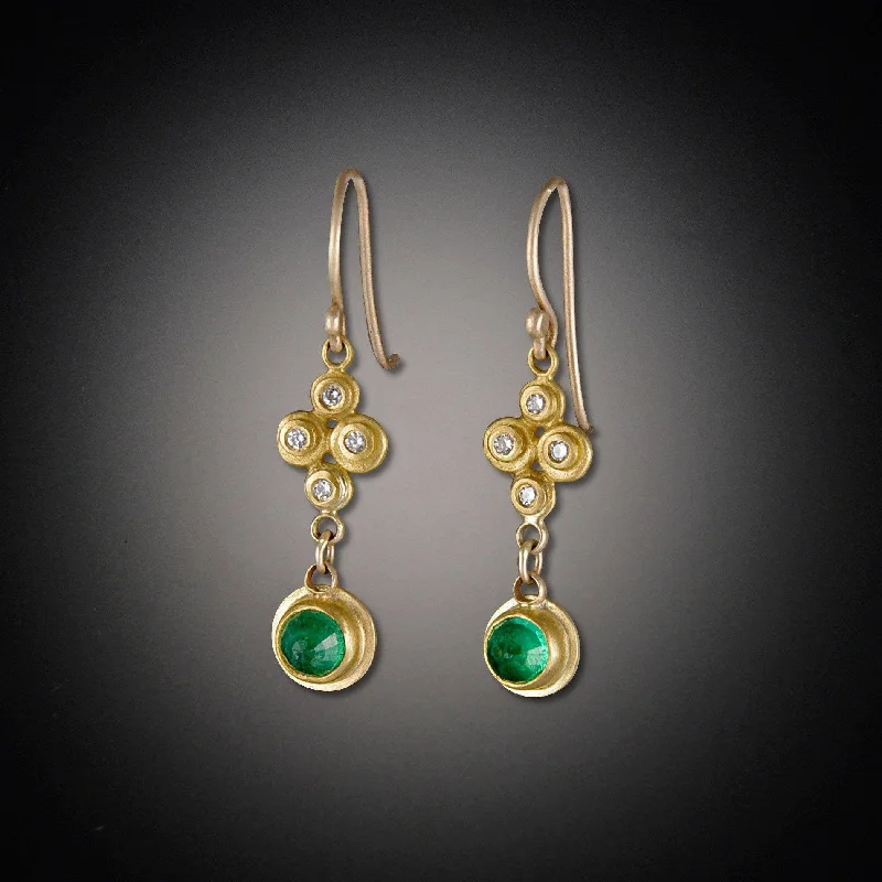 Ladies bold gold earrings-Raised Diamond Dots and Rose Cut Emerald Earrings