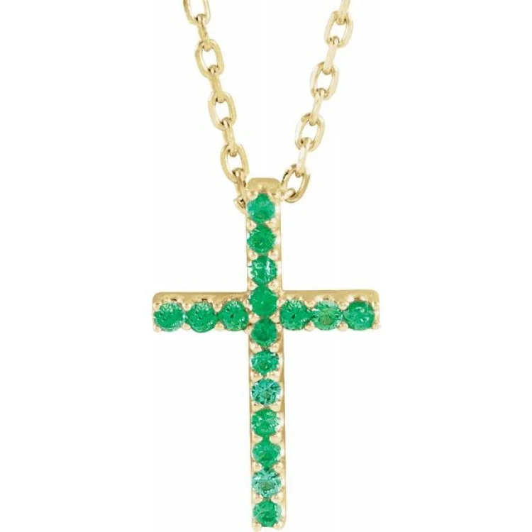 Ladies pearl necklace-14K Yellow Natural Emerald Petite Cross 16" Necklace