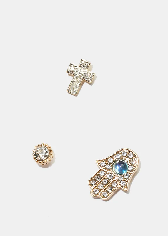 Ladies adjustable earrings-3-Pair Cross & Hamsa Hand Stud Earrings