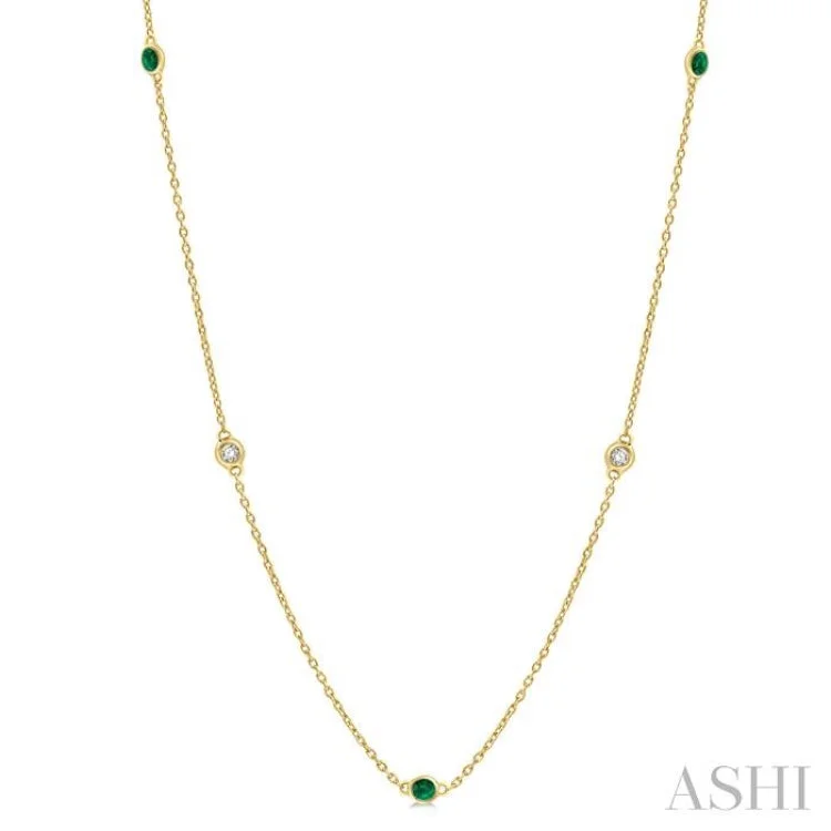 Ladies crystal necklace-1/6 ctw Round Cut Diamond and 1.75MM Emerald Precious Station Necklace in 14K Yellow Gold