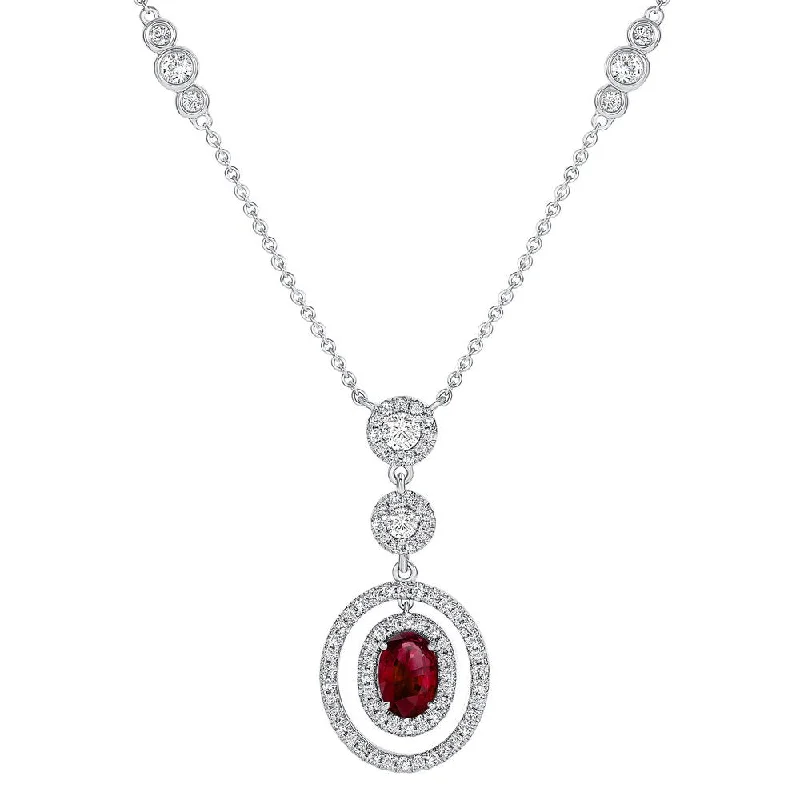 Ladies sterling silver pendant necklace-Uneek Precious Collection Halo Oval Shaped Ruby Opera Necklace