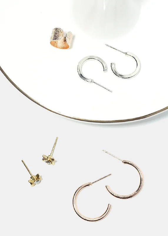 Ladies gold stud earrings-3 Pair Stud, Hoop & Cuff Earrings