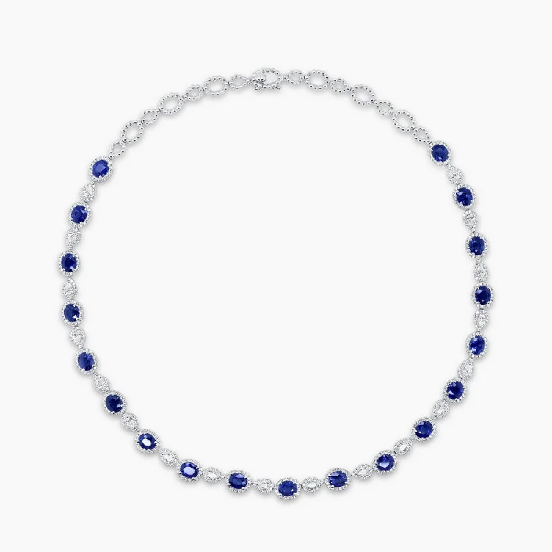 Ladies butterfly pendant necklace-Uneek Precious Collection Halo Oval Shaped Blue Sapphire Choker Necklace