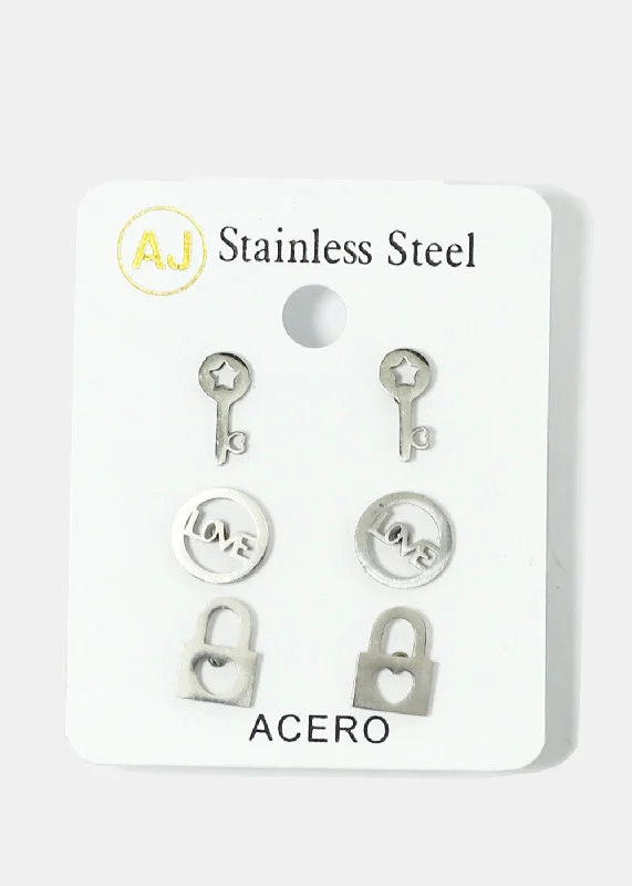 Ladies bold earrings-3-Pair Key & Lock Stud Earrings