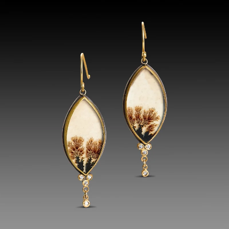 Ladies vintage earrings-Dendritic Agate Earrings with Diamond Trios