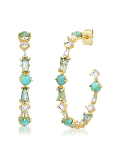 Ladies emerald earrings-Turquoise Mixed Stone Hoops