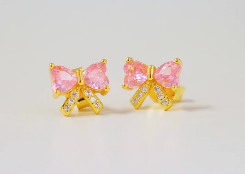 Ladies wedding earrings-SCARLETT Pink Bow Stud Earrings