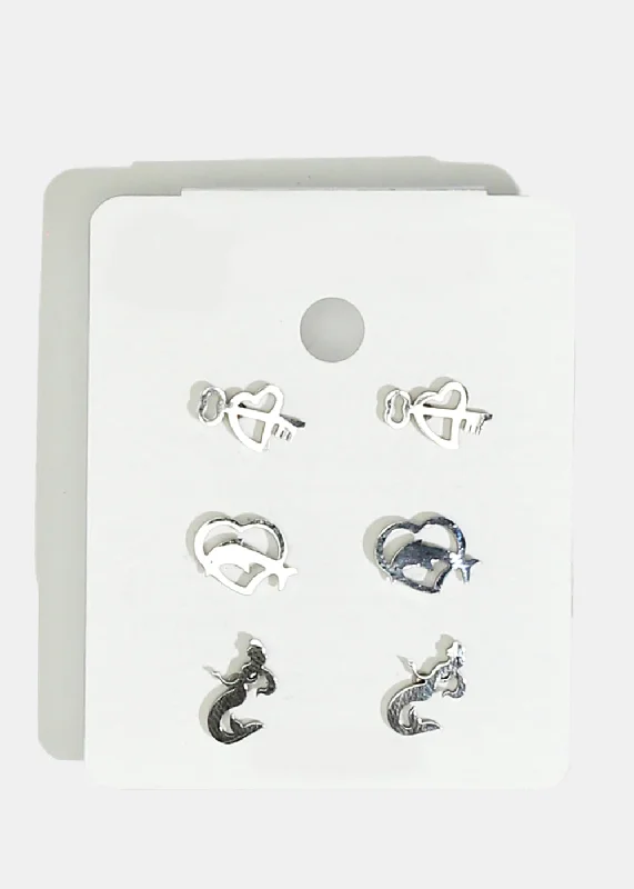 Ladies bright gemstone earrings-3-Pair Heart & Dolphin Stud Earrings