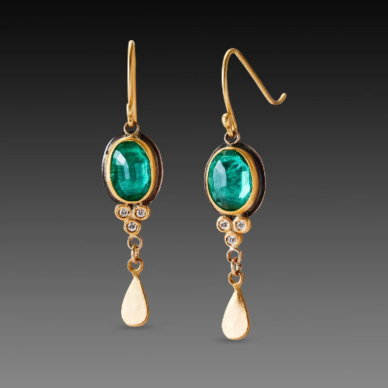 Ladies wedding earrings-Emerald Earrings with Diamond Trios