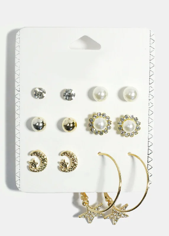 Ladies chic earrings-6-Pair Stud & Star Hoop Earrings