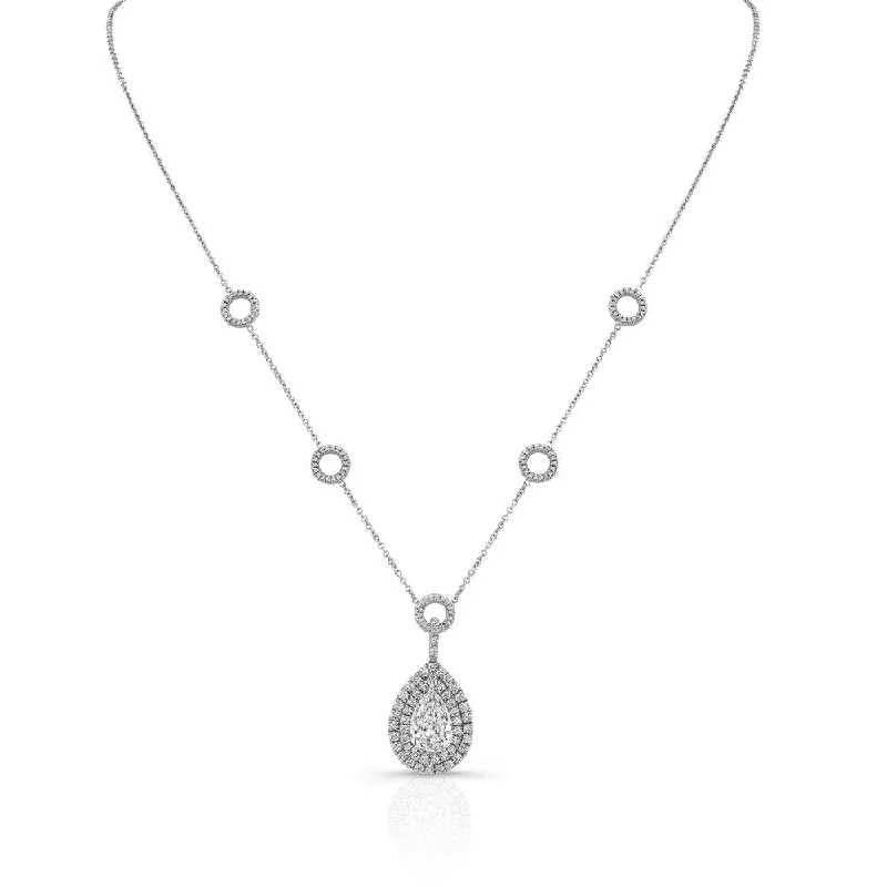 Ladies gold chain pendant necklace-Uneek Pear-Shaped Diamond Pendant Necklace with Double Halo and Pave Hollow Disc Stations