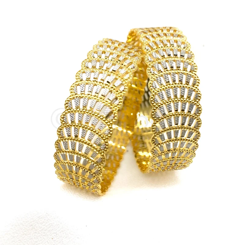 Shimmering Intricate Cutwork Two Tone Bangle with Rhodium polish