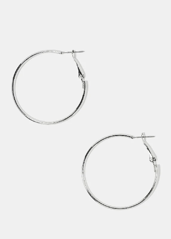 Ladies square stud earrings-40MM Silver Metal Hoop Earrings