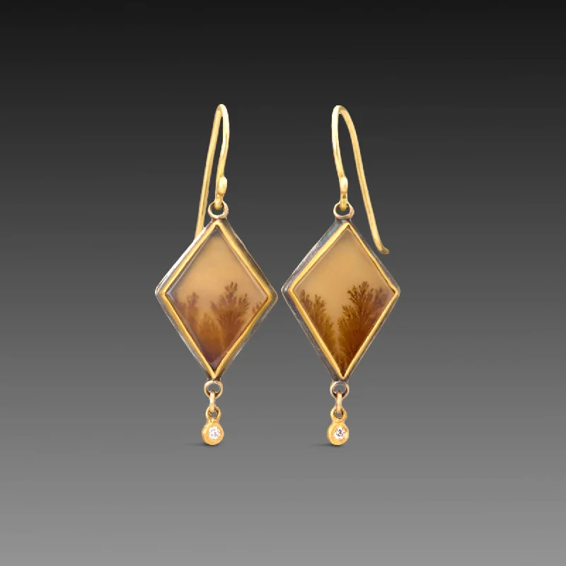 Ladies gemstone earrings-Dendritic Agate Earrings with Diamond Drops