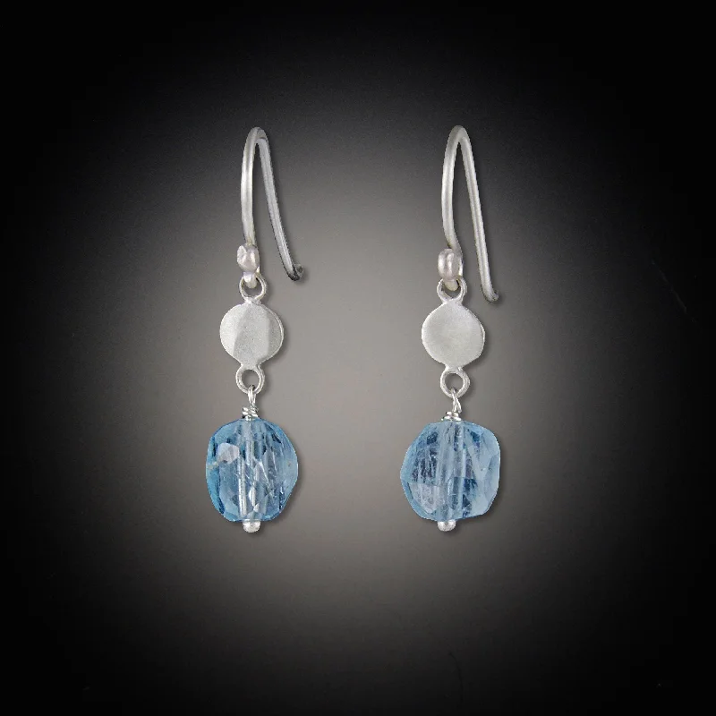 Ladies earrings for weddings-Small Single Disk with Aquamarine Drop Earrings