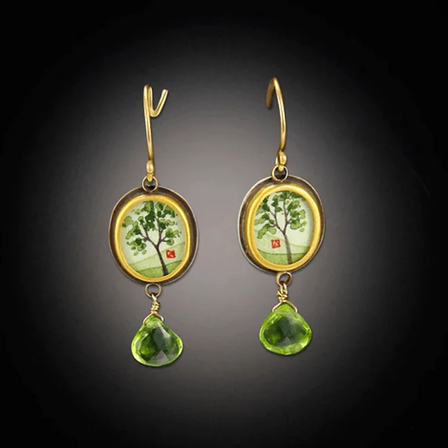 Ladies gold earrings-Tiny Oval Spring Maple Earrings with Peridot Drop