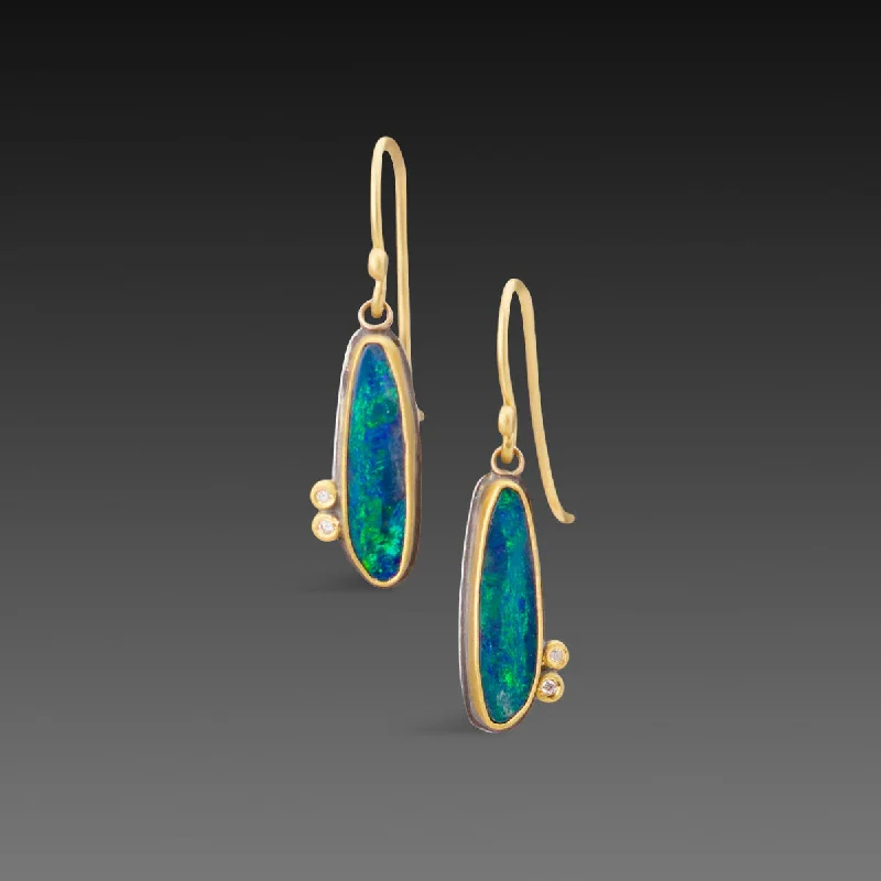 Ladies heart-shaped earrings-Australian Opal Earrings with Diamonds