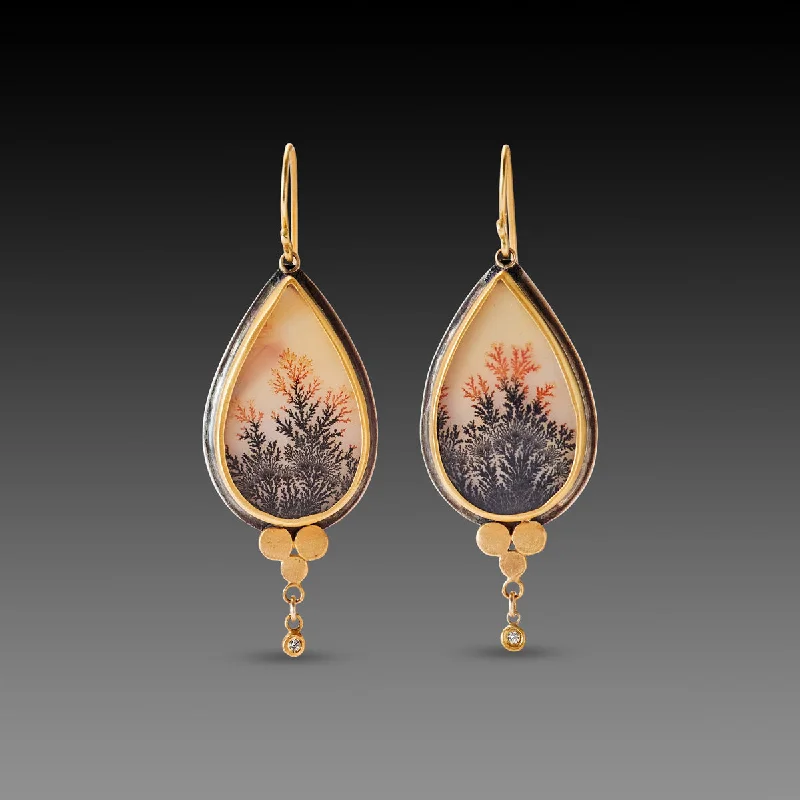 Ladies gold drop earrings-Dendritic Agate Earrings with Gold Trios & Diamonds