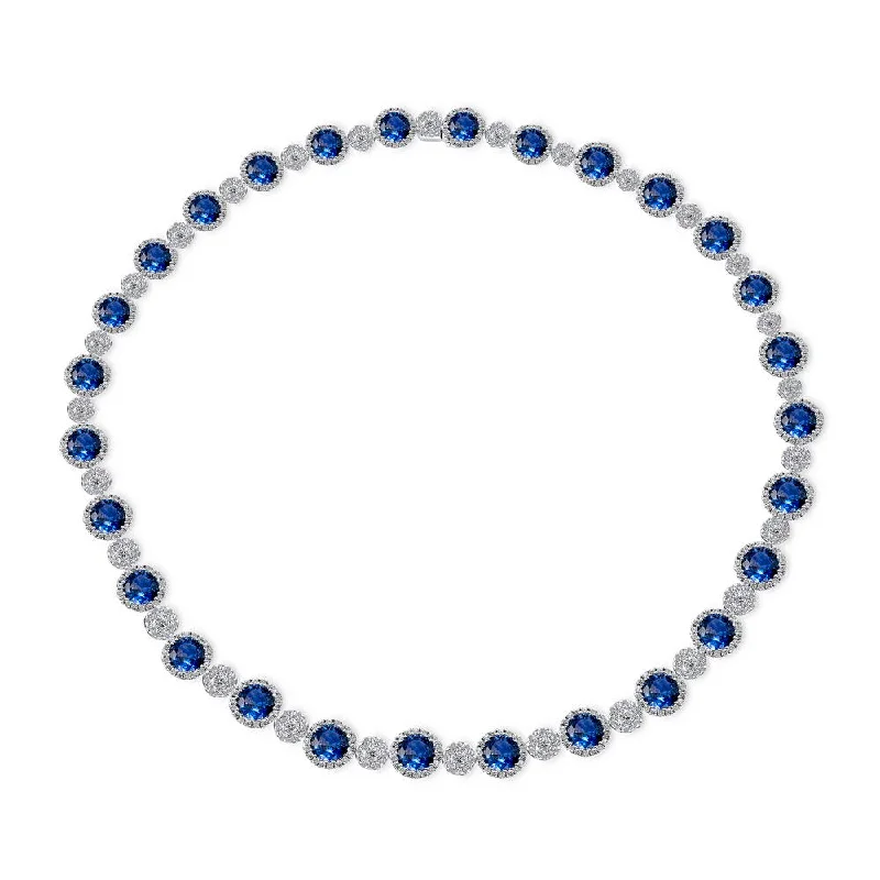 Ladies flower necklace-Uneek Precious Collection Round Blue Sapphire Opera Necklace