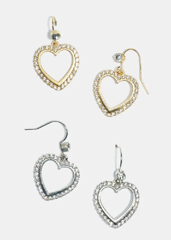 Ladies earrings for weddings-Rhinestone-studded Heart Shape Earrings