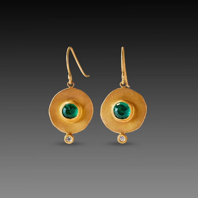 Ladies hoop earrings with gemstones-Hammered Gold Earrings with Emeralds