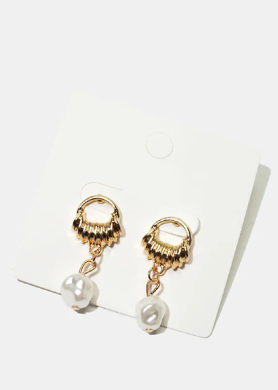 Ladies stud earrings-Metal & Pearl Dangle Earrings