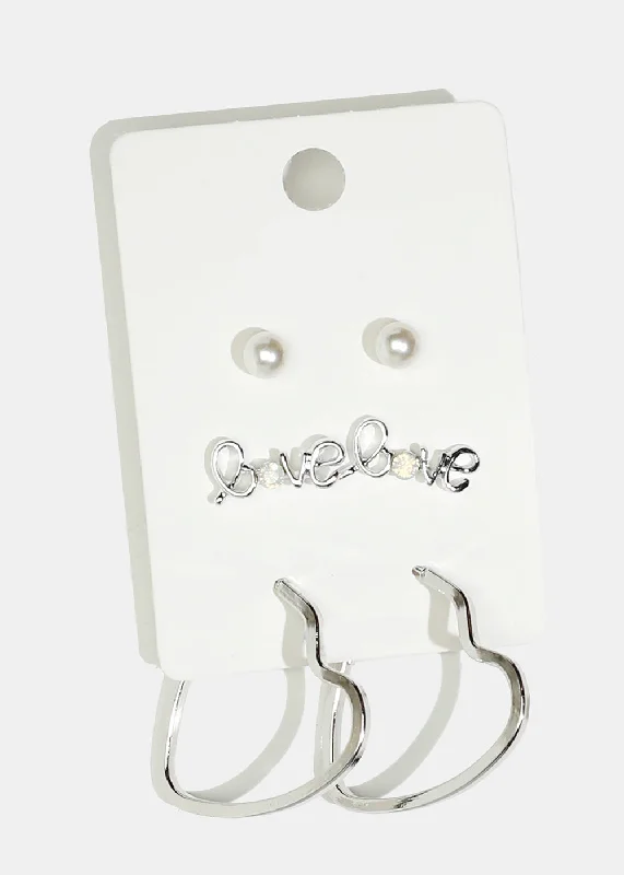 Ladies sterling silver hoop earrings-3-Pair "LOVE" & Heart Hoop Earrings