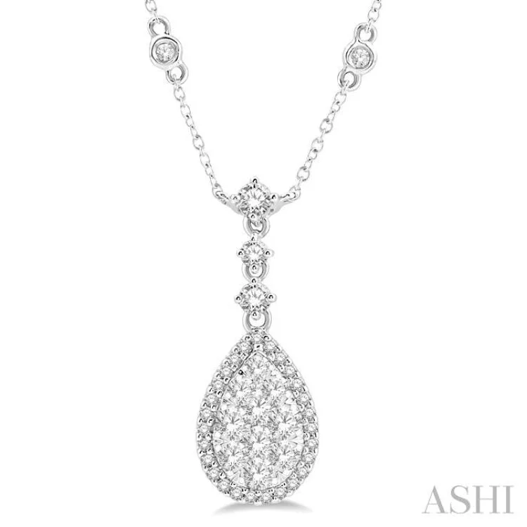 Ladies sparkling diamond necklace-1 Ctw Pear Shape Round Cut Diamond Lovebright Necklace in 14K White Gold