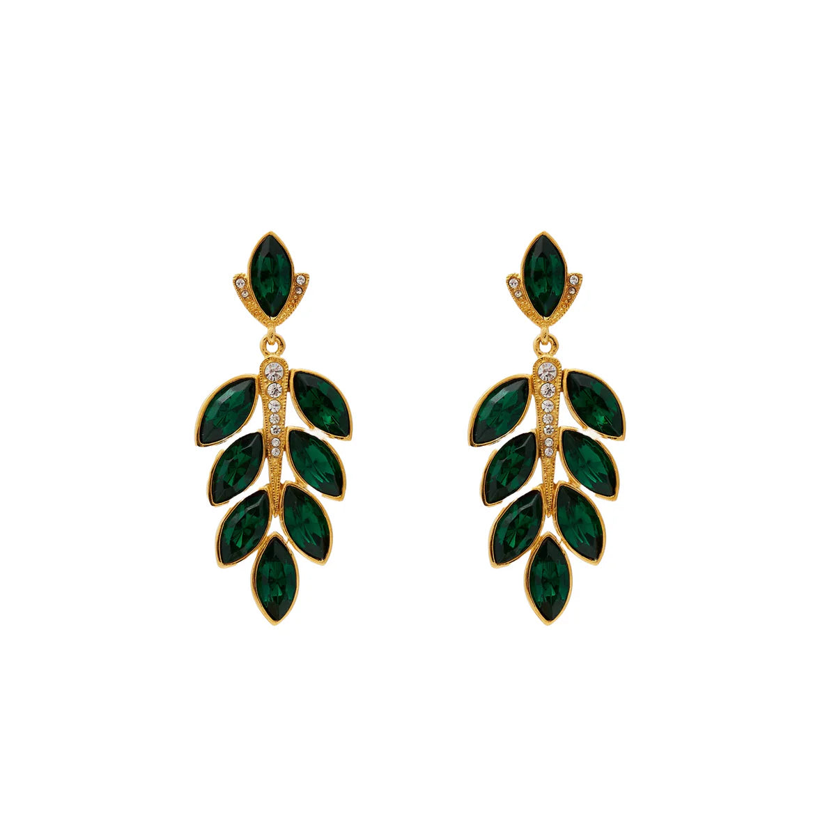 Ladies statement earrings-Gold & Emerald Leave Post