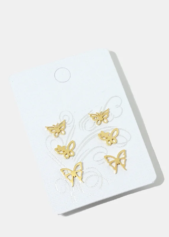 Ladies ear cuff earrings-3-Pair Butterfly Stud Earrings