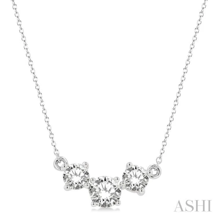 Ladies trendy crystal necklace-1 1/2 Ctw Three Stone Round Cut Diamond Necklace in 14K White Gold