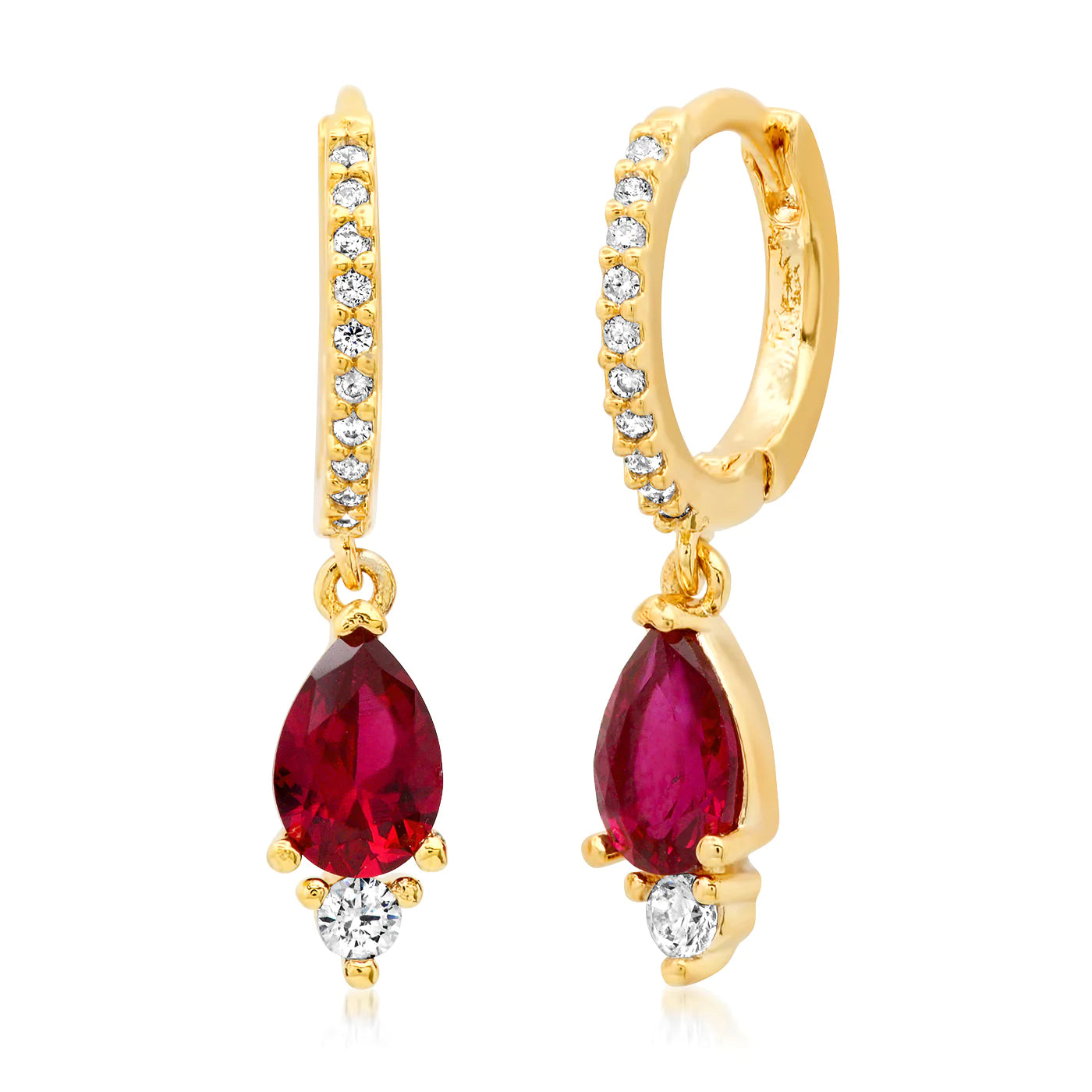 Ladies teardrop diamond earrings-Pave Red Huggie