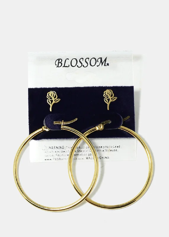 Ladies pearl stud earrings-2-Pair Flower & Hoop Earrings